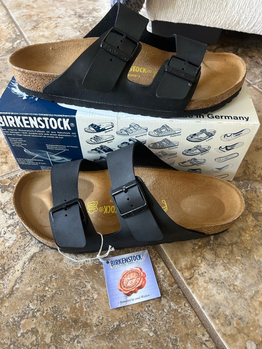 NEW Birkenstock Black Leather Arizona BS Sandals W11 M9 sz 42 Unisex